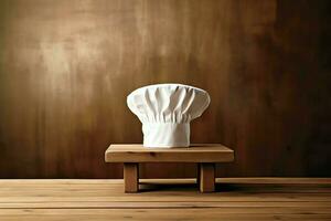 White cook hat in the kitchen table and copy space for your decoration. Advertising photography concept by AI Generated photo