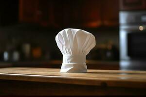 White cook hat in the kitchen table and copy space for your decoration. Advertising photography concept by AI Generated photo