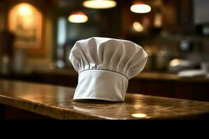 blanco cocinar sombrero en el cocina mesa y Copiar espacio para tu decoración. publicidad fotografía concepto por ai generado foto