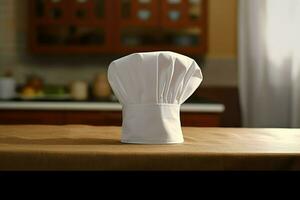 White cook hat in the kitchen table and copy space for your decoration. Advertising photography concept by AI Generated photo