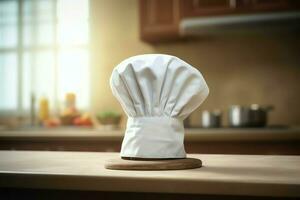 White cook hat in the kitchen table and copy space for your decoration. Advertising photography concept by AI Generated photo