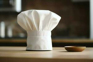 White cook hat in the kitchen table and copy space for your decoration. Advertising photography concept by AI Generated photo