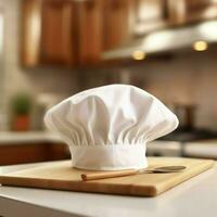 White cook hat in the kitchen table and copy space for your decoration. Advertising photography concept by AI Generated photo