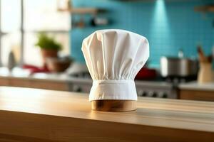 blanco cocinar sombrero en el cocina mesa y Copiar espacio para tu decoración. publicidad fotografía concepto por ai generado foto