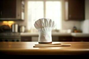 White cook hat in the kitchen table and copy space for your decoration. Advertising photography concept by AI Generated photo