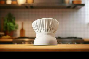 White cook hat in the kitchen table and copy space for your decoration. Advertising photography concept by AI Generated photo