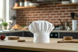 White cook hat in the kitchen table and copy space for your decoration. Advertising photography concept by AI Generated photo