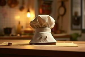 White cook hat in the kitchen table and copy space for your decoration. Advertising photography concept by AI Generated photo