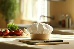 White cook hat in the kitchen table and copy space for your decoration. Advertising photography concept by AI Generated photo