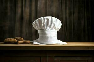 White cook hat in the kitchen table and copy space for your decoration. Advertising photography concept by AI Generated photo