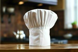 White cook hat in the kitchen table and copy space for your decoration. Advertising photography concept by AI Generated photo