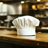 White cook hat in the kitchen table and copy space for your decoration. Advertising photography concept by AI Generated photo