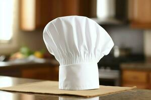 White cook hat in the kitchen table and copy space for your decoration. Advertising photography concept by AI Generated photo