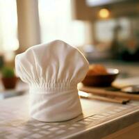 blanco cocinar sombrero en el cocina mesa y Copiar espacio para tu decoración. publicidad fotografía concepto por ai generado foto