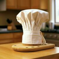 White cook hat in the kitchen table and copy space for your decoration. Advertising photography concept by AI Generated photo