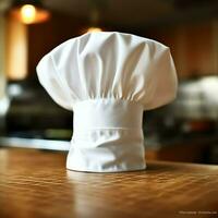 White cook hat in the kitchen table and copy space for your decoration. Advertising photography concept by AI Generated photo