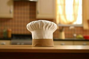 blanco cocinar sombrero en el cocina mesa y Copiar espacio para tu decoración. publicidad fotografía concepto por ai generado foto