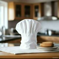 White cook hat in the kitchen table and copy space for your decoration. Advertising photography concept by AI Generated photo