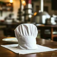 blanco cocinar sombrero en el cocina mesa y Copiar espacio para tu decoración. publicidad fotografía concepto por ai generado foto