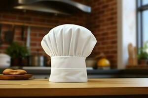 blanco cocinar sombrero en el cocina mesa y Copiar espacio para tu decoración. publicidad fotografía concepto por ai generado foto