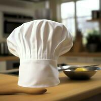 White cook hat in the kitchen table and copy space for your decoration. Advertising photography concept by AI Generated photo