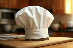 White cook hat in the kitchen table and copy space for your decoration. Advertising photography concept by AI Generated photo