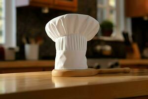 White cook hat in the kitchen table and copy space for your decoration. Advertising photography concept by AI Generated photo