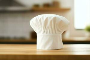 White cook hat in the kitchen table and copy space for your decoration. Advertising photography concept by AI Generated photo