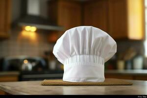 White cook hat in the kitchen table and copy space for your decoration. Advertising photography concept by AI Generated photo