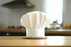 White cook hat in the kitchen table and copy space for your decoration. Advertising photography concept by AI Generated photo