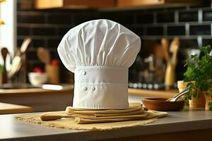 White cook hat in the kitchen table and copy space for your decoration. Advertising photography concept by AI Generated photo