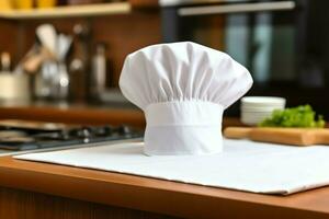 White cook hat in the kitchen table and copy space for your decoration. Advertising photography concept by AI Generated photo