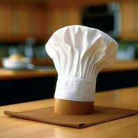 White cook hat in the kitchen table and copy space for your decoration. Advertising photography concept by AI Generated photo
