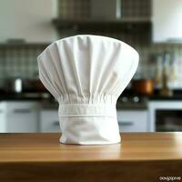 blanco cocinar sombrero en el cocina mesa y Copiar espacio para tu decoración. publicidad fotografía concepto por ai generado foto