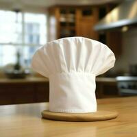 White cook hat in the kitchen table and copy space for your decoration. Advertising photography concept by AI Generated photo