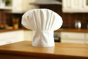 White cook hat in the kitchen table and copy space for your decoration. Advertising photography concept by AI Generated photo