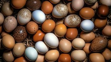 A lot heap of fresh chicken eggs on the wooden, nest or straw basket. Eco eggs groceries healthy concept by AI Generated photo