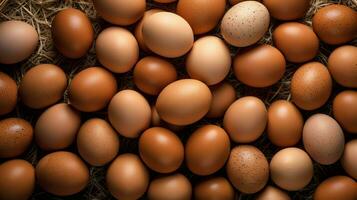 A lot heap of fresh chicken eggs on the wooden, nest or straw basket. Eco eggs groceries healthy concept by AI Generated photo