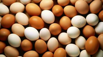 A lot heap of fresh chicken eggs on the wooden, nest or straw basket. Eco eggs groceries healthy concept by AI Generated photo