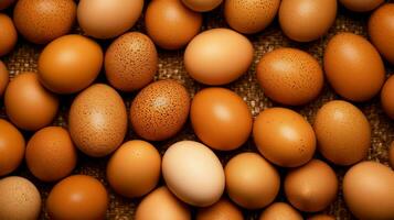 A lot heap of fresh chicken eggs on the wooden, nest or straw basket. Eco eggs groceries healthy concept by AI Generated photo