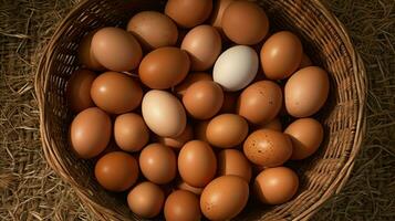 A lot heap of fresh chicken eggs on the wooden, nest or straw basket. Eco eggs groceries healthy concept by AI Generated photo
