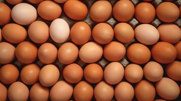 A lot heap of fresh chicken eggs on the wooden, nest or straw basket. Eco eggs groceries healthy concept by AI Generated photo