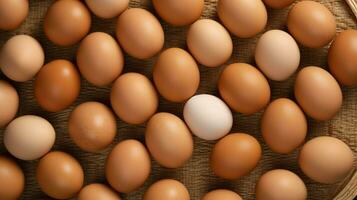 A lot heap of fresh chicken eggs on the wooden, nest or straw basket. Eco eggs groceries healthy concept by AI Generated photo