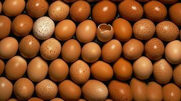 A lot heap of fresh chicken eggs on the wooden, nest or straw basket. Eco eggs groceries healthy concept by AI Generated photo