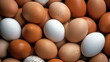 un lote montón de Fresco pollo huevos en el de madera, nido o Paja cesta. eco huevos comestibles sano concepto por ai generado foto