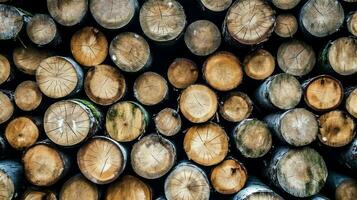 A large circular piece of wood, wooden trunk or stacked tree lumber for furniture industry. Wooden log concept by AI Generated photo