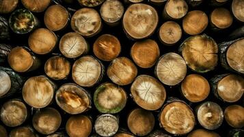 un grande circular pedazo de madera, de madera maletero o apilado árbol Tablas de madera para mueble industria. de madera Iniciar sesión concepto por ai generado foto