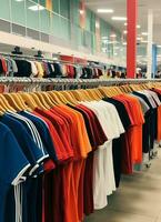 Row of fashionable polo t-shirts for man on wooden hanger or rack in a clothing boutique retail shop concept by AI Generated photo