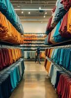 Row of fashionable polo t-shirts for man on wooden hanger or rack in a clothing boutique retail shop concept by AI Generated photo