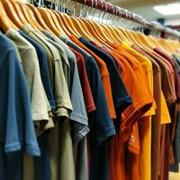 Row of fashionable polo t-shirts for man on wooden hanger or rack in a clothing boutique retail shop concept by AI Generated photo